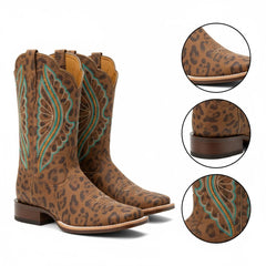 Tuhoomall Western Mid Calf Boots For Women, Chunky Heel, Square Toe, Embroidered Design, Slip-On, Fashion Casual, All Season, Rubber Sole