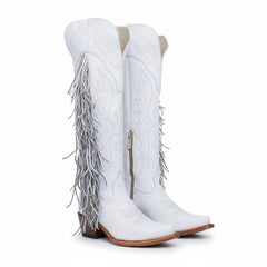 Tuhoomall Fringe Western Knee High Boots for Women, Soft Vegan Suede, Embroidered Design, Perfect for Vintage, Casual, and Party Wear