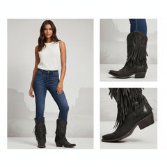 Tuhoomall Western Cowgirl Mid Calf Boots - Snip-Toe, Chunky Heel, Embroidered Fringe Design for Outdoor Style