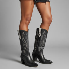 Tuhoomall Retro Studded Mid Calf Boots for Women, Pointed Toe Chunky Heel Slip-On Footwear, Stylish Casual Performance Design