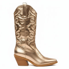 Tuhoomall Comfortable Western Boots for Women – 6cm Low Chunky Heel, Slip-On Design with Floral Embroidery - Fashionable All-Season Style