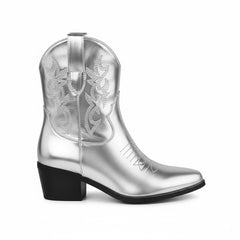 Tuhoomall Western Ankle Boots with Embroidered Pattern, 5cm Chunky Heel, Slip-On Design for Fashion and Travel, Durable Synthetic Fabric Lining