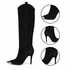 Tuhoomall Stylish High Heel Ankle Boots with Zipper, 10cm Stiletto, Rubber Sole, Metallic Shine, Denim Finish for Fashion, Casual, Office