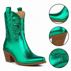 Tuhoomall Comfortable Western Ankle Boots for Fashion, Travel, and Leisure - Embroidered Genuine Leather, 5.5cm Chunky Heel, Slip-On Design
