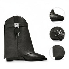 Tuhoomall Chic Almond Toe Ankle Boots with Metal Buckle, Slip-On, Wedge Heel for Fashion Parties and Casual Outings, All-Season Comfort