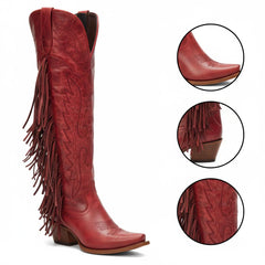 Tuhoomall Fringe Western Knee High Boots for Women, Soft Vegan Suede, Embroidered Design, Perfect for Vintage, Casual, and Party Wear