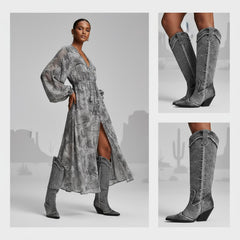 Tuhoomall Western Style Knee High Boots for Women, Retro Chunky Heels, Distressed Denim, Chic Pointed Toe, All-Season Slip-On Comfort