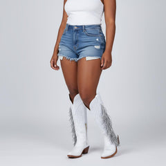 Tuhoomall Fringe Western Knee High Boots for Women, Soft Vegan Suede, Embroidered Design, Perfect for Vintage, Casual, and Party Wear