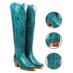 Tuhoomall Faux Suede Knee High Western Boots with Embroidered Eagles for Fashion, Travel, and Parties, 2.36 in Chunky Heel
