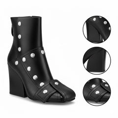 Tuhoomall Fashion Ankle Booties With Zip And Studs, Chunky Wedge Heel, Stylish For Parties And Casual Outings, All-Season Wear