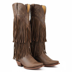 Tuhoomall Western Knee-High Cowboy Boots, Chunky Heel, Fringe & Studs, Retro Style, Casual Wear, All Seasons