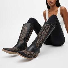 Tuhoomall Stylish Western Mid-Calf Boots for Women - Embroidered Vegan Leather, 2.76in Low Chunky Heel, Perfect for Year-Round Casual Wear