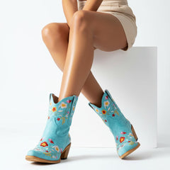Tuhoomall Stylish Western Ankle Boots with Floral Embroidery, Rubber Sole, Chunky 5cm Heel for Classic and Casual Looks