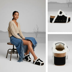 Tuhoomall Blue Faux Suede Fur-Lined Studs Double Buckle Strap Round Platform Cork Sandals Slippers