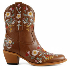 Tuhoomall Stylish Western Ankle Boots with Floral Embroidery, Rubber Sole, Chunky 5cm Heel for Classic and Casual Looks