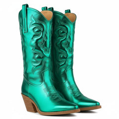 Tuhoomall Comfortable Western Boots for Women – 6cm Low Chunky Heel, Slip-On Design with Floral Embroidery - Fashionable All-Season Style