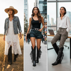 Tuhoomall Western Knee-High Boots with 2-Inch Chunky Heel, Embroidered Vegan Leather, Fringe Detail for Travel and Casual Style