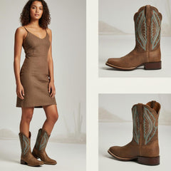 Tuhoomall Western Mid Calf Boots For Women, Chunky Heel, Square Toe, Embroidered Design, Slip-On, Fashion Casual, All Season, Rubber Sole