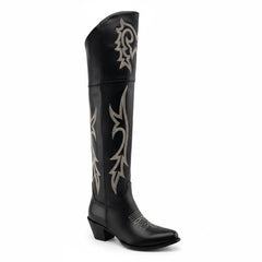 Tuhoomall Western Over-the-Knee Boots for Women, Chunky Heel, Snip-Toe, Embroidered, Slip-On, Distressed Style for Parties and Casual Outings