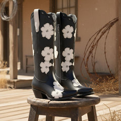 Tuhoomall Western Cowboy Boots, Floral Embroidery, Chunky Heel, Zipper Closure, Mid-Calf Height, All-Season Fashion Tuhoomall