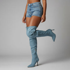 Tuhoomall Over-The-Knee Fashion Boots for Women, High Heels 9.5cm, Zipper Closure, Solid Color with Pocket and Metal Buckle, Perfect for Parties and Performances