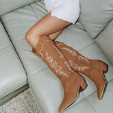 Tuhoomall Embroidered Mid Calf Boots Pointed Toe Zipper Chunky Heeled Western Boots