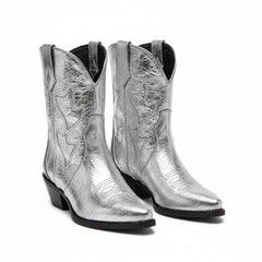 Tuhoomall Western Ankle Booties with Snip-Toe and Chunky Heel for Fashion Casual Parties, Embroidery Design with Metallic Inlay, Slip-On Style Tuhoomall