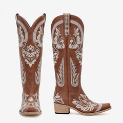 Tuhoomall Knee-High Embroidered Boots for Women with Rhinestones - Stylish Slip-On Design, Low Chunky Heel for Parties and Events Tuhoomall