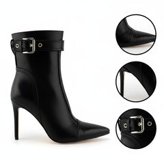 Tuhoomall Western Ankle Boots For Women, Stylish Pointed Toe, 9.5cm High Heel, Zipper Closure, Casual And Office Wear, Adjustable Buckle, All-Season Wedding