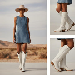 Tuhoomall Faux Suede Knee High Western Boots with Embroidered Eagles for Fashion, Travel, and Parties, 2.36 in Chunky Heel