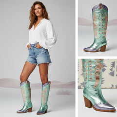 Tuhoomall Western Cowgirl Mid Calf Boots with Snip-Toe and Chunky Heel for Fashion Parties and Performances, Animal Pattern, Metallic Bright Surface