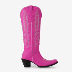 Tuhoomall Fuchsia Western Cowboy Boots With Floral Embroidery, Comfortable Knee-High Style For All Seasons