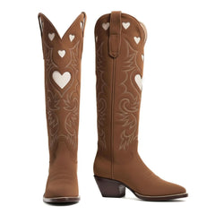 Tuhoomall Western Knee High Boots With Rubber Sole, 5cm Chunky Heel, Embroidered Sweet Pink Hearts For Casual Fashion All Year Round