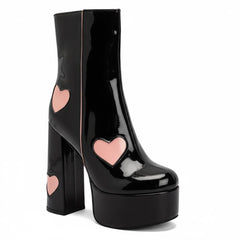 Tuhoomall Chunky Heeled Ankle Boots for Women, Heart Pattern, Zipper Closure, All-Season Fashion, Perfect for Parties and Travel Tuhoomall