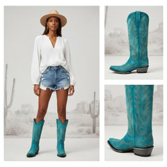 Tuhoomall Western Cowgirl Knee-High Boots, Chunky Heel, Embroidered Floral Design, Slip-On Style for Parties and Casual Outings