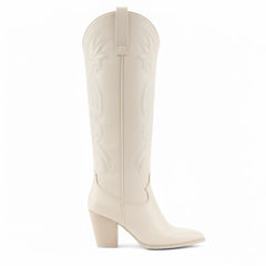 Tuhoomall Western Floral Embroidered Knee-High Boots for Women - Comfortable Slip-On Design with Chunky Heel for Parties and Daily Wear