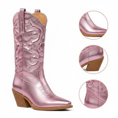 Tuhoomall Comfortable Western Boots for Women – 6cm Low Chunky Heel, Slip-On Design with Floral Embroidery - Fashionable All-Season Style