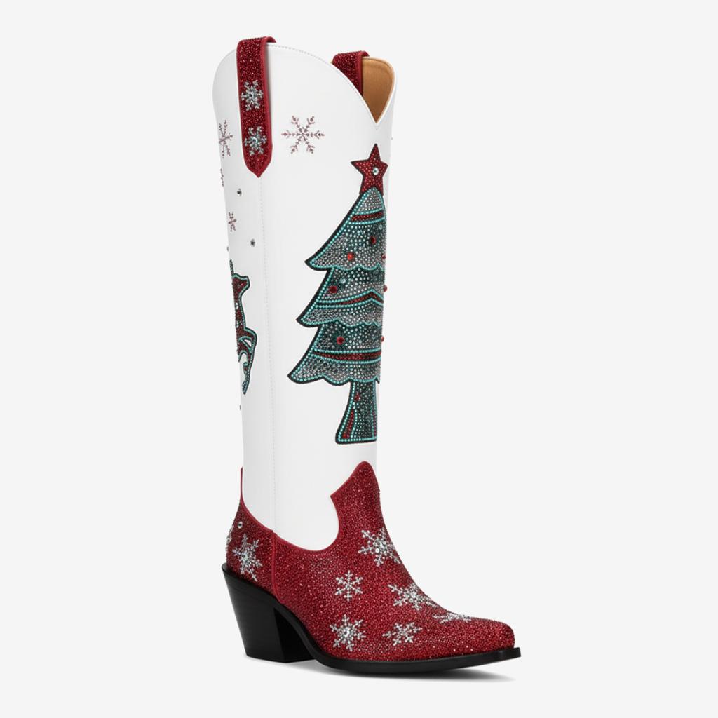 Tuhoomall Western Style Knee High Boots for Fashionable Casual Daily Wear with Comfortable Wide Toe and Sparkling Rhinestones, All-Season Footwear Tuhoomall