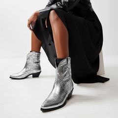 Tuhoomall Western Ankle Booties with Snip-Toe and Chunky Heel for Fashion Casual Parties, Embroidery Design with Metallic Inlay, Slip-On Style