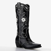 Tuhoomall Floral Embroidered Chunky Heel Ankle Boots for Women - Stylish Slip-On Comfortable Footwear for Travel and Casual Outings Tuhoomall