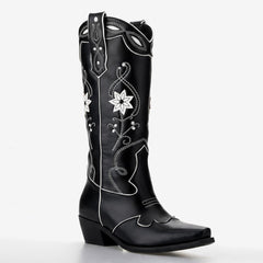 Tuhoomall Floral Embroidered Chunky Heel Ankle Boots for Women - Stylish Slip-On Comfortable Footwear for Travel and Casual Outings Tuhoomall