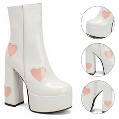 Tuhoomall Chunky Heeled Ankle Boots for Women, Heart Pattern, Zipper Closure, All-Season Fashion, Perfect for Parties and Travel