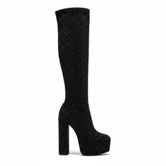 Tuhoomall Thigh High Satin Platform Boots with Chunky Heel and Rhinestone Embellishments for Parties and Special Occasions