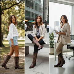 Tuhoomall Western Knee High Cowboy Boots for Women, Fashionable Casual Outdoor, Embroidered Design, Chunky Heel, Slip-On Style