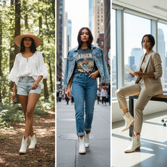 Tuhoomall Comfortable Western Style Ankle Boots for Women, Casual Workwear, Round Toe, Chunky Heel, Seasonless, Woven Colorblock Design