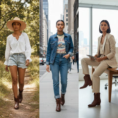 Tuhoomall Comfortable Western Style Ankle Boots for Women, Casual Workwear, Round Toe, Chunky Heel, Seasonless, Woven Colorblock Design