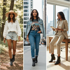 Tuhoomall Comfortable Western Style Ankle Boots for Women, Casual Workwear, Round Toe, Chunky Heel, Seasonless, Woven Colorblock Design