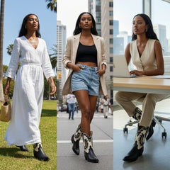 Tuhoomall Stylish Women's Ankle Boots with Embroidery and Laser Cut Out, Perfect for Parties and Performances, Comfortable Chunky Heel Design