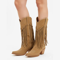 Tuhoomall Comfortable Western Knee-High Boots for Parties and Outdoor Activities with Fringe Embroidery, Rubber Sole, and 7.5cm Chunky Heel