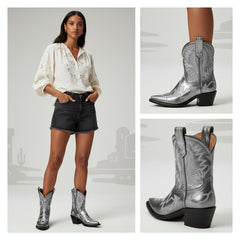 Tuhoomall Metallic Western Ankle Boots for Women - Stylish Slip-On Design with Embroidered Floral Pattern, Casual All-Season Footwear